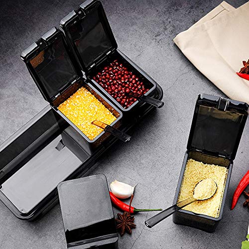 HLTYGWX Barattoli per condimenti, Contenitore per Sale da Cucina, Scatola per condimenti con Cucchiaio, Contenitore per spezie a 4 Scomparti, Contenitore per condimenti per spezie, Zucchero, Sale,