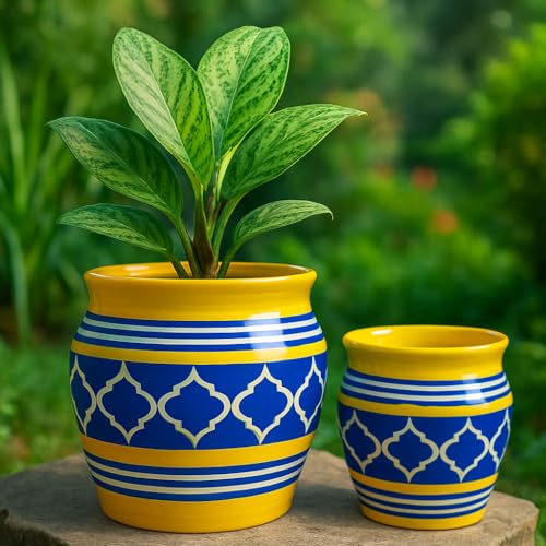 Image of Niyara Stylish Ceramic Pots Planters for Indoor Plants,Succulent,Outdoor,Balcony,Home,Garden,Office Size - 7 inches & 5 inches (Moroccan Yellow & Blue Set of 2)