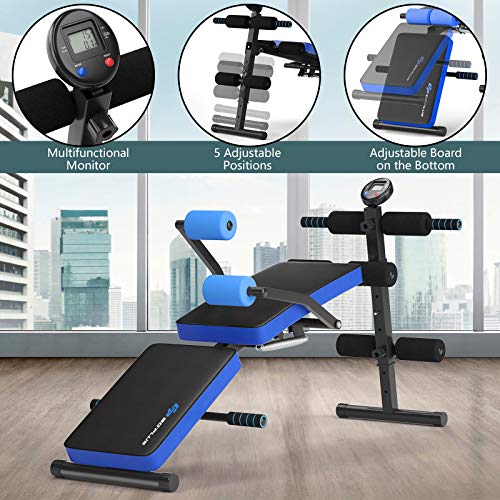 Goplus Adjustable Sit Up Bench, Foldable Utility Weight Bench w/LCD Monitor Flat/Incline/Decline Exercise Multi-Purpose Bench for Home, Gym and Office (Blue)