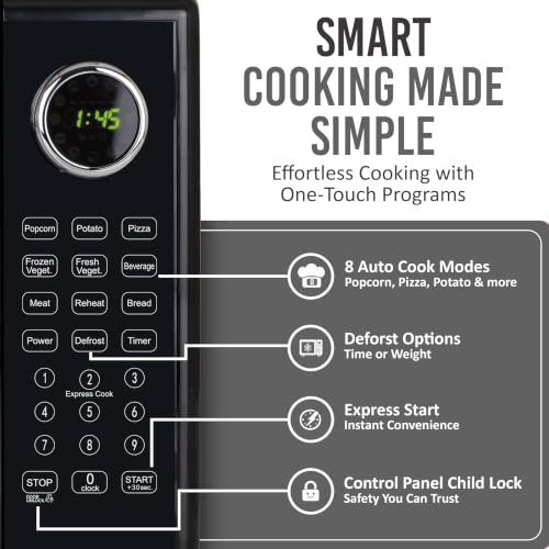Image of Nostalgia Retro Microwave Oven - 1.1 Cu Ft, 1000-Watt Countertop Size with Glass Turntable, Child Safety Lock, 8 Auto-Cook Programs, Digital Clock - Black
