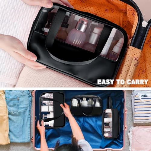 Image of KBS Toiletry Kit Cosmetic Makeup Storage Organizer Clear Styilish Wash Bag Pouch Set of 3 for Travel Luggage Transparent with Metal Zipper Gift for Men Women Girls (Black)