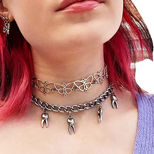 Women Teeth Choker Necklace Metal Tooth Pendant Necklace Fairy Necklace Hip Hop Goth Choker Chain (Silver)