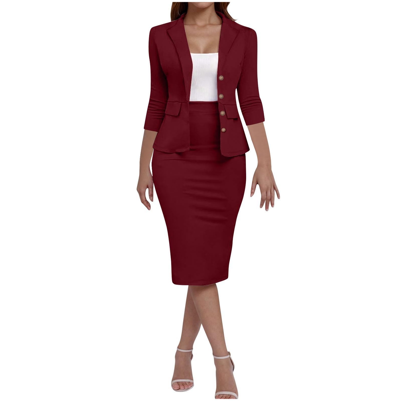 Conjunto formal de 2 piezas con falda para mujer, conjunto de negocios para primavera y verano, chaqueta blazer de manga 3/4 y faldas de tubo midi, trajes elegantes e informales, ropa de oficina y
