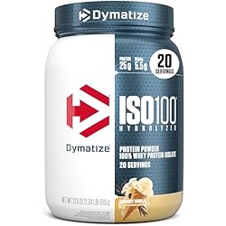Dymatize ISO100 Whey Protein Powder Isolate, Gourmet Vanilla, 25g of Protein, 5.5g BCAAs, Less Than 120 Cal., Gluten Free, 1g Fat, 1g Sugar, 2g Carb (20 Servings)