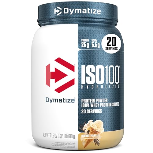 Dymatize ISO100 Whey Protein Powder Isolate, Gourmet Vanilla, 25g of Protein, 5.5g BCAAs, Less Than 120 Cal., Gluten Free, 1g Fat, 1g Sugar, 2g Carb (20 Servings)