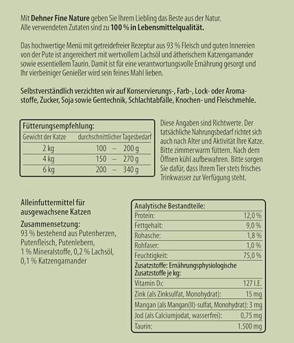 Dehner Fine Nature Katzenfutter, Nassfutter getreidefrei, für ausgewachsene Katzen, Pute, 6 x 400 g Dose (2.4 kg)