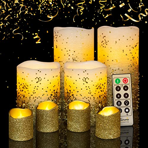 FURORA LIGHTING Gold Flameless Candles Remote Controlled, Set of 8, Real Wax Battery Operated LED Candles with Flickering Flame and Timer Featured, Christmas and Fall Centerpieces