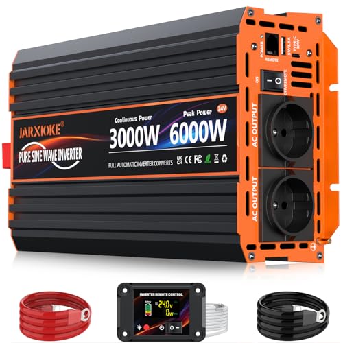 Inversor 24V 220V Onda Pura 3000W (6000W Pico) Convertidor DC AC con Mando LCD, 2 Tomas AC + USB-A + USB-C – Transformador para Coche, Camión, RV y Energía Solar, Seguro para Dispositivos Sensibles