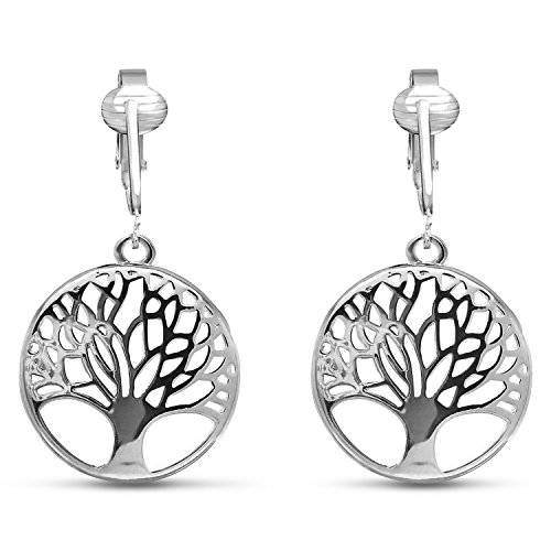 Silver Clip On Earrings For Women They Look Pierced Dont Pinch & Wont Fall Off Hypoallergenic & Lightweight (Silver Tree of Life)