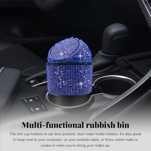 Image of Yourkar Bling Car Trash Can with Lid, Sparkling Crystal Auto Garbage Can with Leak-Proof Lid, Multipurpose Waterproof Trash Bin for Automotive Home Office Kitchen Bedroom (Blue)