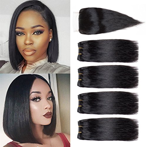 AMELI Brazilian Hair 4 Bob Bundles With Closure 4x4 Short Human Hair Weave Bundles With Lace Closure Free Part 8A Brazilian Straight Hair 8 inch Natural Color (8 8 8 8+8 closure) …