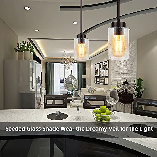 Indoor Mini Pendant Light Twin Pack, Adjustable Modern Hanging Lights, Open Bottom Hollow Lamp Cup Oil Rubbed Bronze With Clear Seeded Glass Shade For Bar, Dining Room, Corridor, Living Room #TOP2
