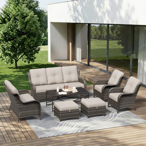 Image of 7 Piece Outdoor Wicker Patio Furniture Set, Patio Chairs Set with Thickened Olefin Cushions, High Back and Deep Seating, Hand-Woven PE Rattan, Ottoman for Porch, Deck