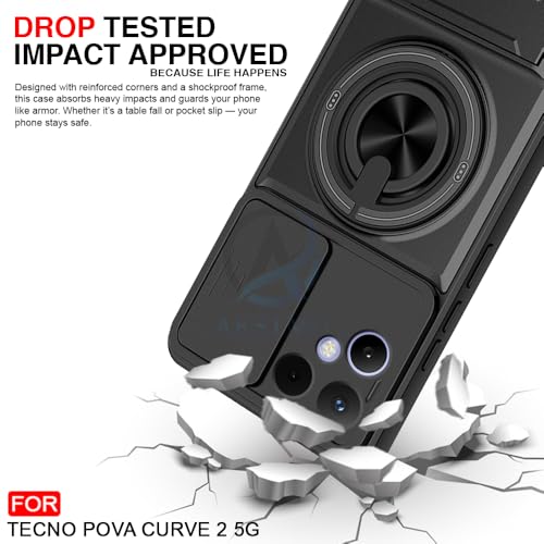 Image of AESTMO Tecno Pova Curve 2 Back Cover | Armor Camera Slider 360 Degree Rotating Finger Ring Holder Case with Bracket Stand & Camera Protection Back Case Cover for Tecno Pova Curve 2 (Black)