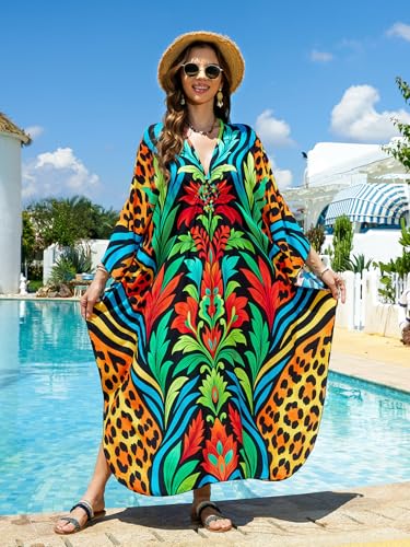 Image of IMAGEKOPE Women's Plus Size Animal Print V-Neck Batwing Kaftan Beach Dress Bathing Suit Cover-Up Loungewear