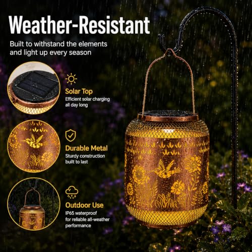 Image of Hummingbird Solar Lantern Outdoor Hanging Solar Garden Light Gifts for Mom Grandma Women,Waterproof Metal Decorative Lantern, Warm White Solar Lights for Patio Yard