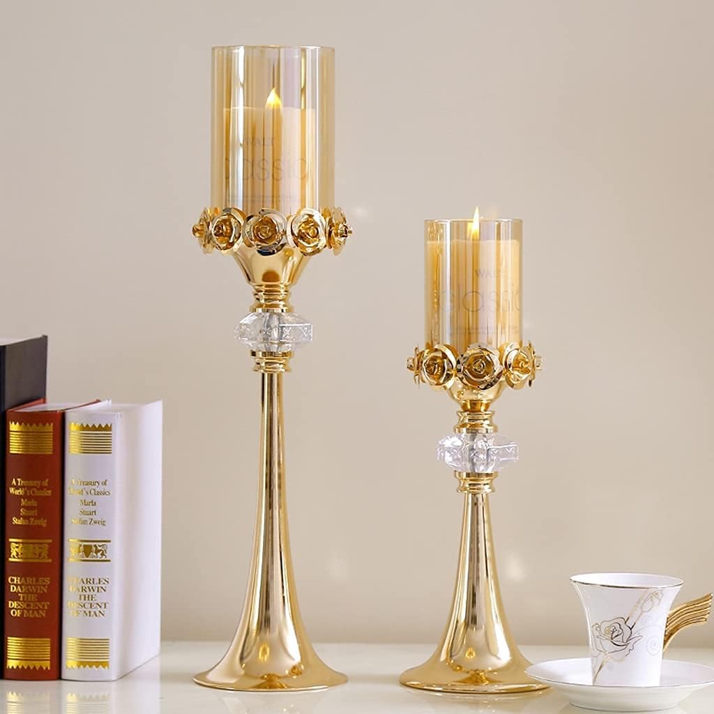 OSCCAR Metal Candlestick Holders, Crystal Glass Hurricane Candle Holders, Bedroom Living Wedding Decoration Tea Light Holder Set (Color : 2pcs, Size : 15"+19")