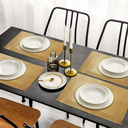 Baskety Kitchen PVC Place Mats Heat-Resistant, Non-Slip, Washable Dining Table Mats (Gold, Set of 4)