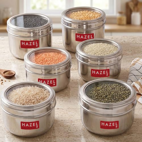Image of HAZEL See Through Kitchen Storage Container Set 1100ml (Set of 6) | Stainless Steel Dabbas with Transparent Top for Pantry Use