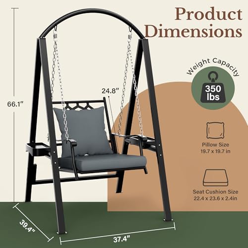Image of Pamapic Porch Swing with Stand, 350lbs Heavy-Duty Metal Frame Outdoor Swing for Adults with Dual Side Trays, Adjustable Chains, Zippered Removable Cushion for Balcony, Backyard, Garden, Black