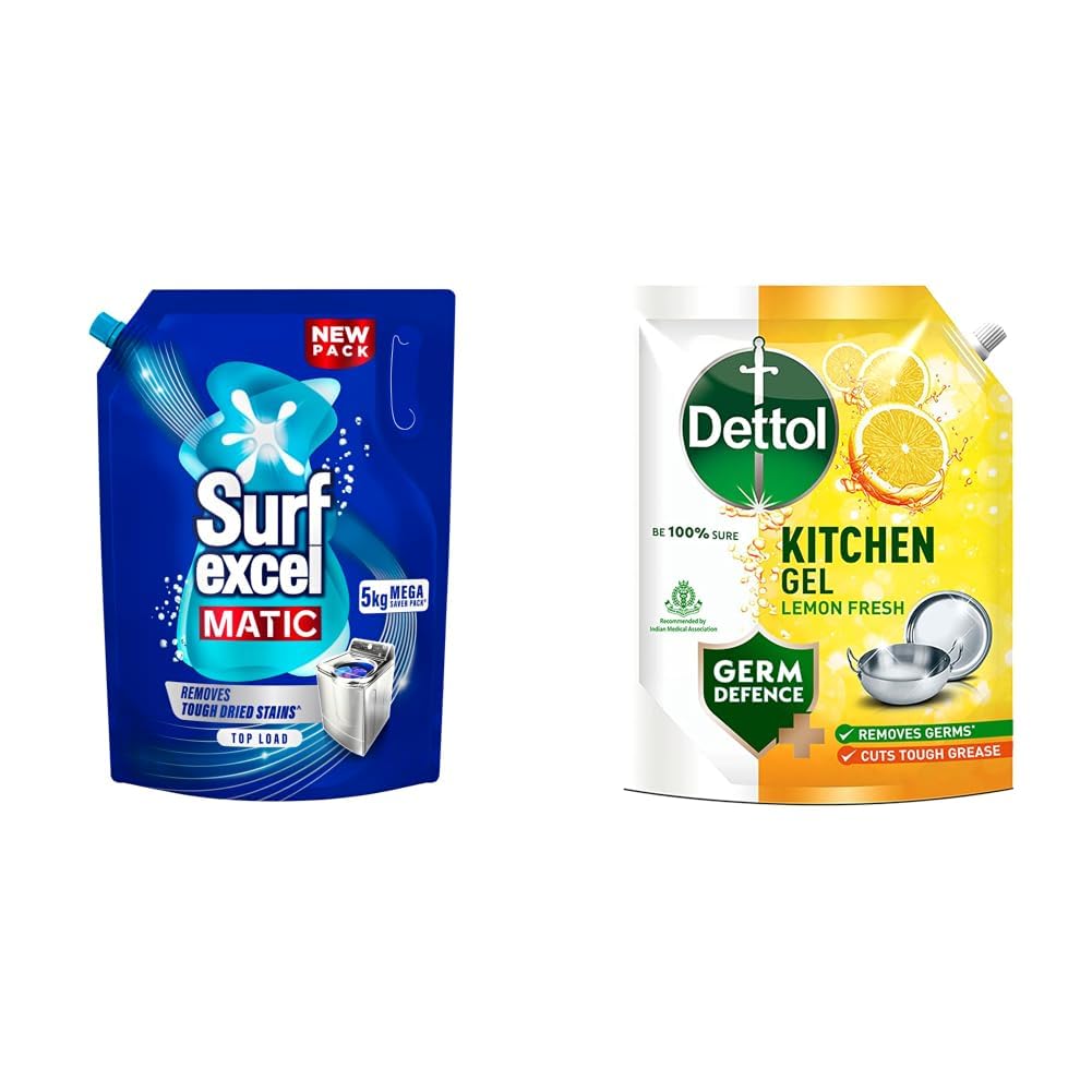 Surf Excel Matic Top Load Liquid Detergent 5Kg Refill Pouch, Specially designed to remove Tough Dried Stains, 1st time in Washing Machine & Dettol Dishwash liquid and Kitchen Gel | Cuts Tough Grease-image-47