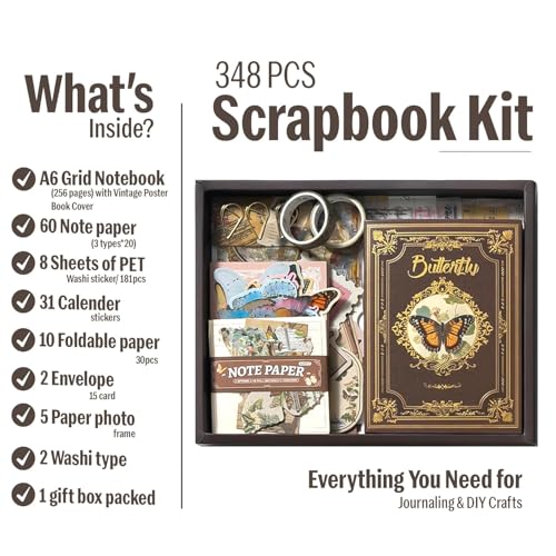 Image of VIBE VISTA Vintage Aesthetic Scrapbook Kit,346 Pcs,A6 Grid Notebook,Washi ,Envelopes,Scrapbook Papers,Folding Labels,Background Papers,Photo Frames,Calendar Stickers,Stickers (NATURE WHISPER)