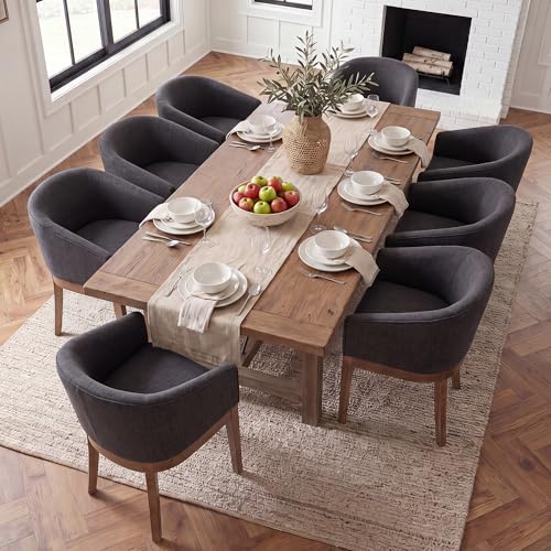 Image of HNY Barrel Dining Chairs Set of 8, Mid Century Modern Upholstered Dining Chairs with Arms, Linen Kitchen & Dining Room Chairs, Solid Wood Frame Accent Chairs for Kitchen, Apartment, Charcoal Black