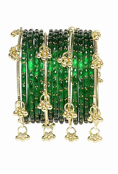 Kashmiri Ghungroo Bangles with green colour raindrop bangels for Women 2-6 Size | Gold Finish Metal Jingle Bangles Pack of 16 | Traditional Standalone Chudi Set-image-47