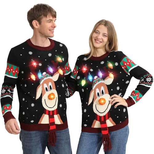Ugly Christmas Sweater for Women Men,Light up Christmas Sweater,Funny Unisex Reindeer Xmas Ugly Sweater Christmas for Couples M