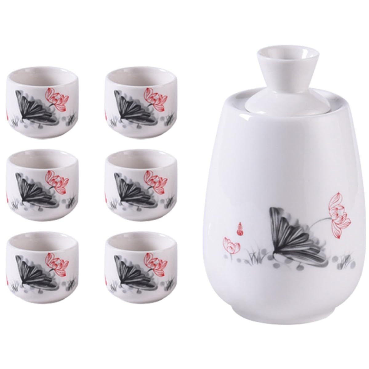HEALLILY Set da Sakè in Ceramica Bianco Bottiglia Tradizionale e Tazze per Intrattenimento a Casa e Occasioni Speciali, Design Estetico Dipinto a Mano