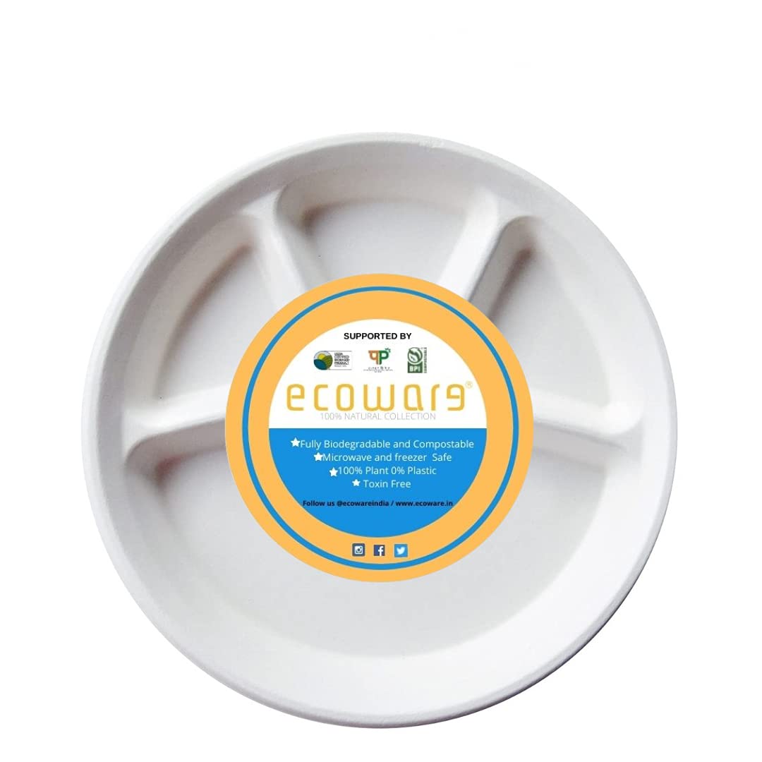 ECOWARE® 100% Natural, Biodegradable, Compostable, Ecofriendly, Safe & Hygienic Disposable 12 inch 4-Compartment Round Plate - Large Size (Pack of 50)
