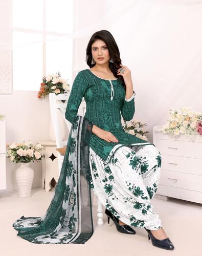 Image of Yashika Women's Printed Dress Material - Unstitched Crepe Fabric Kurti, Pants & Dupatta Set (AZ-YS-P4-NITU GREEN)