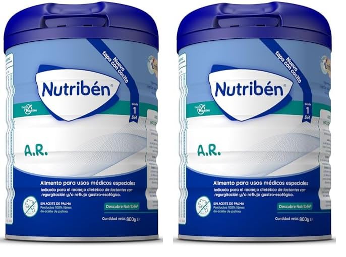 Nutribén AR - Leche en Polvo Bebé AntiReflujo y AntiRegurgitación desde el Primer Día | sin Aceite de Palma | con Cacito Dosificador Incluido más Higiénico | 1 Bote de 800g (Paquete de 2)