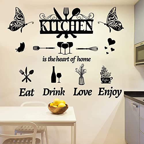 Large Kitchen Wall Decals Dining Room Quotes Wall Stickers The Kitchen Is The Heart Of Home Sign Decor Word Saying Lettering Wall Decals Butterfly Coffee Cup Sticker For Family Home Restaurant Decor #TOP3