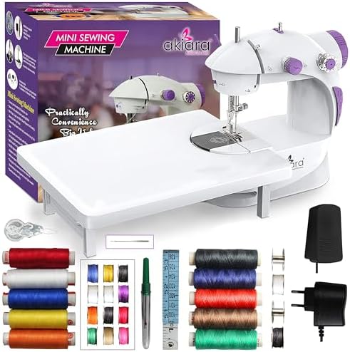 Akiara - Makes life easy Mini Sewing Machine with Table Set | Tailoring Machine | Hand Sewing Machine with extension table, foot pedal, adapter, White (With kit 2)
