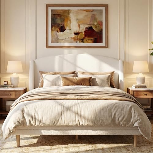 Merax Queen Size Upholstered Platform Bed, Boucle Fabric and Wingback Headboard, Rounded Corners...