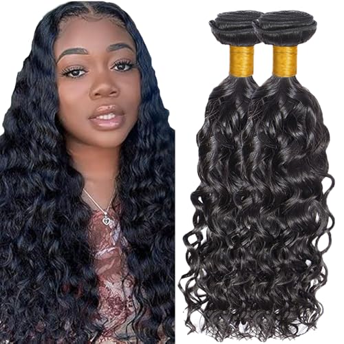 Evaxilc Water Wave Bundles Extension Echthaar perücke Human Hair Glueless Bundles Brazilian Virgin Hair 100% Unprocessed #1B Natural Black Color 2 Bundles Total 200g For Women 12 14 Inch