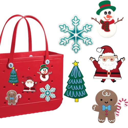 YRAKOZIN [5 PCS Christmas Charms Compatible with Bogg Bag Accessories (Santa Claus Christmas Tree Reindeer Snowmen Snowflakes) PVC Rubber Insert for Beach Tote Bag Winter Decoration