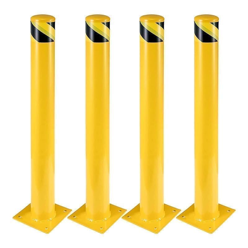 4-Pack 48 Inch Steel Safety Bollards 4.5 Inch Diameter Parking Bollard Post with 16 Anchor Bolts Yellow Safety Steel Bollard Post for Driveway Barrier Traffic Control & Storefront Protection