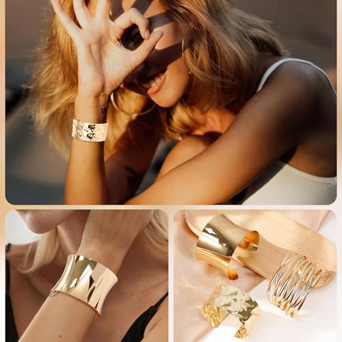 3Pcs Chunky Gold Cuff Bracelets Open Wide Bangle Bracelets Set for Women Minimalist Irregular Bracelet Statement Wrist Cuff Wrap Bracelet Jewelry 6