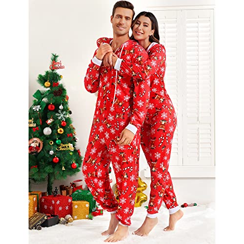 frawirshau Christmas Onesie Pajamas For Family Matching Onesies For Couples Christmas Pajamas Adult Men Reindeer Onesie Red XL3