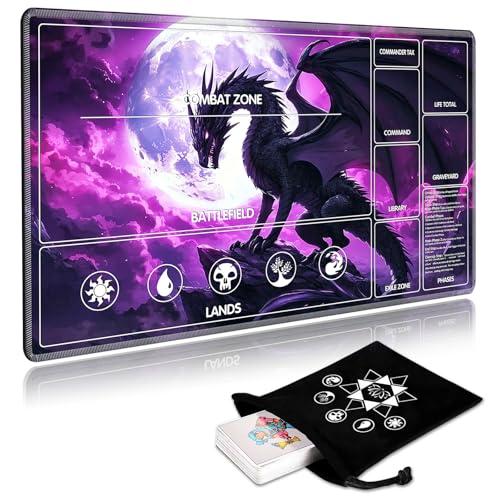 Image of for MTG Playmat with Card Storage Bag,Non-Slip Rubber Base & Smooth Surface 24x14in,Beginner-Friendly Magic Mat for Commander Deck,Dragon Purple-1