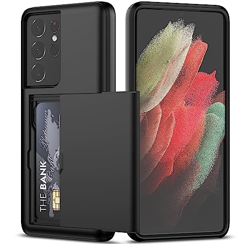 Nvollnoe for Samsung S21 Ultra Case with Card Holder Dual Layer Heavy Duty Protective for Galaxy S21 Ultra Case Hidden Card Slot Slim Wallet Case for Samsung S21 Ultra(Black)