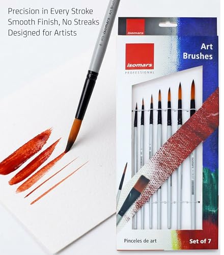 Image of Isomars Professional Round Paint Brush Set of 7 - Professional Golden Taklon Brushes for Watercolor, Acrylic & Oil Painting | Wooden Handle Artist Brushes for Detail Painting, Students & Designers