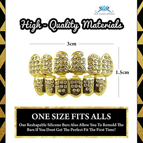 24K Plated Joker Gold Grillz for Mouth Top Bottom Hip Hop Teeth Grills for Teeth Mouth + 2 Extra Molding Bars + Microfiber Cloth (Gold CZ)