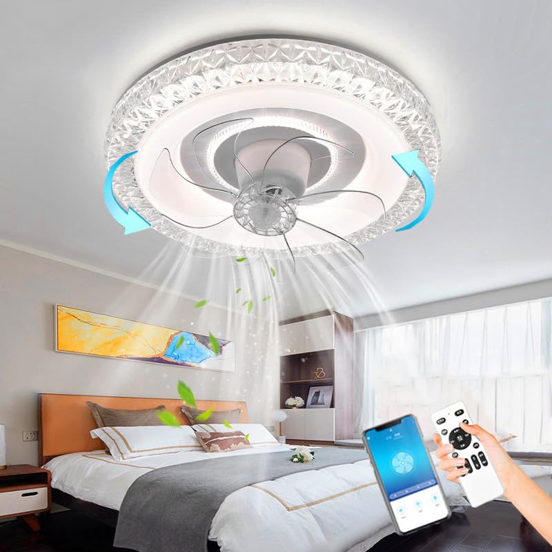 KZT LED Quiet Ceiling Fan with Lights 60W Dimmable Ceiling Light with Remote Control and APP 360° Rotatable Fan Chandelier 6 Speed Fan Lamp for Livingroom Bedroom Dining Room Office Lighting (White)