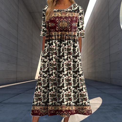 Boho Dress for Women Floral Print Short Sleeve Crewneck Plus Size High Waist Smocked Flowy Swing Ruffle Dress - Image 4
