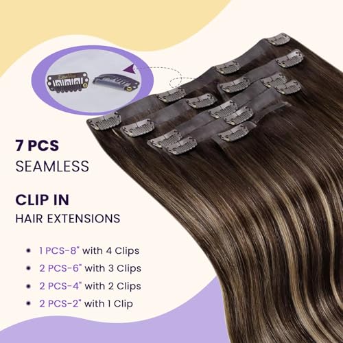 Image of LaaVoo Clip in Hair Extensions Human Hair Balayage Brown to Caramel Brown Human Hair Clip in Extensions Balayage Hair Extensions Clip ins Invisible Pu Weft 14 Inch 7pcs /110g