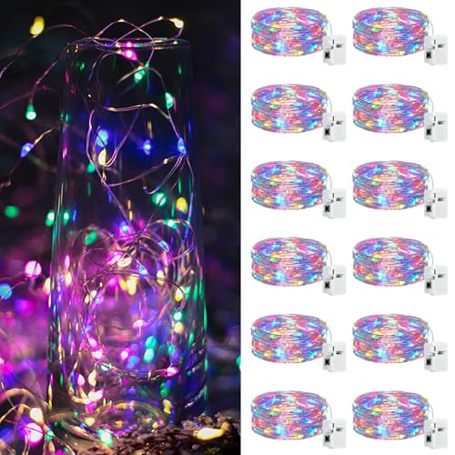 12 Stück LED Lichterkette Batterie, Warm weiß Mini Lichterketten Silber Kupferdraht Batteriebetrieb, LED Beleuchtung Batteriebetrieben Deko für Flasche, Urlaub, farbig