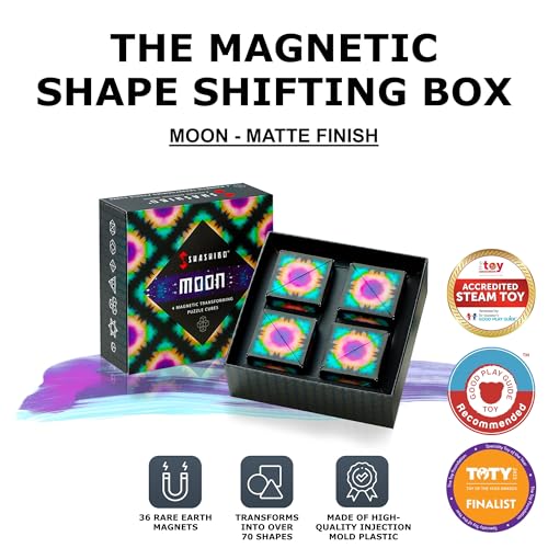 Image of Shashibo Shape Shifting Box - Award-Winning, Patented Fidget Cube w / 36 Rare Earth Magnets - Transforms Into Over 70 Shapes, Gift Box, Download Fun in Motion Toys Mobile App (Moon, 4 Pack)